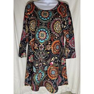 ENMAIN Black Multicolor Floral Boho A-Line Knit Dress 3/4 Sleeve Knee L Stretch